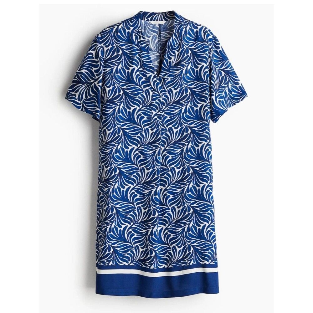 H&M XS Blue White Leaf-Print Viscose Tunic Dress 3527-AJ